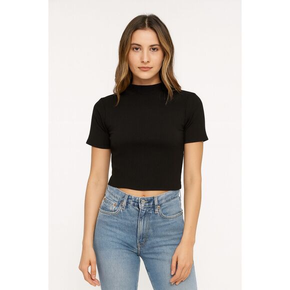 REFORMATION Ribbed Fitted Cropped Tee Black Large - Picture 1 of 5